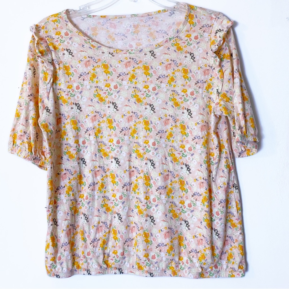 LOFT Women’s Cotton Modal Short Sleeve Pink Orange Floral Blouse Size M